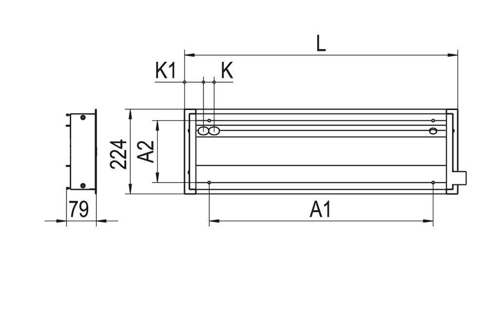 Technische tekening van een rechthoekig onderdeel met afmetingen: lengte 'L', hoogte '224', breedte '79'. Gemarkeerde secties: 'K', 'K1', 'A1', 'A2'.