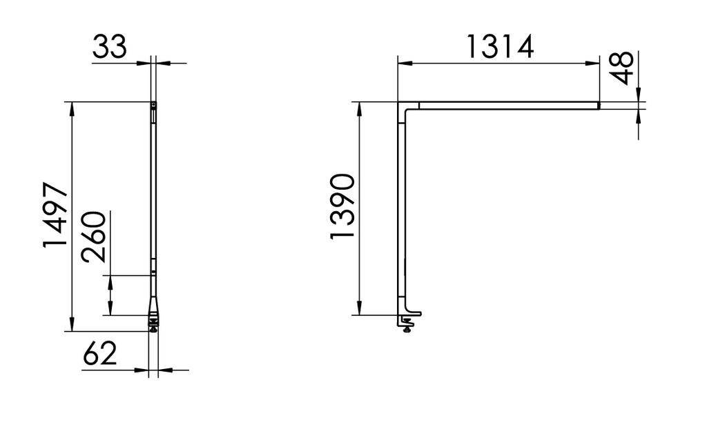 Technische tekening van een L-vormig profiel met afmetingen: lengte 1497 mm, breedte 1314 mm en hoogte 1390 mm.