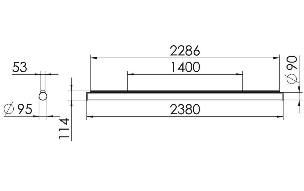 Technische tekening van een rechthoekig onderdeel. Afmetingen: lengte 2380 mm, breedte 90 mm, hoogte 114 mm. Boringen: 53 mm aan de voorkant, 95 mm van achteren.