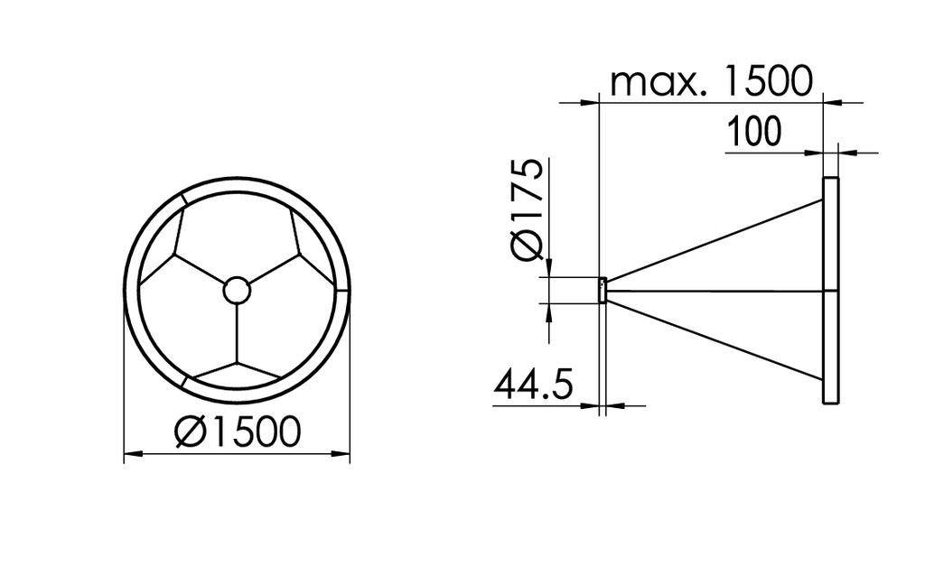 Technische tekening van een trechterachtig object met een maximale lengte van 1500 mm en een diameter van 1500 mm. Zij-aanzicht en bovenaanzicht weergegeven.