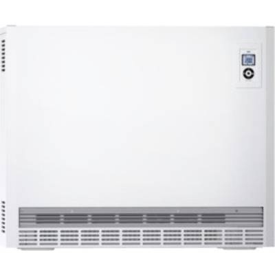 Een witte elektrische radiator met een digitaal bedieningspaneel rechtsboven. Ventilatierooster onderaan voor luchcirculatie.