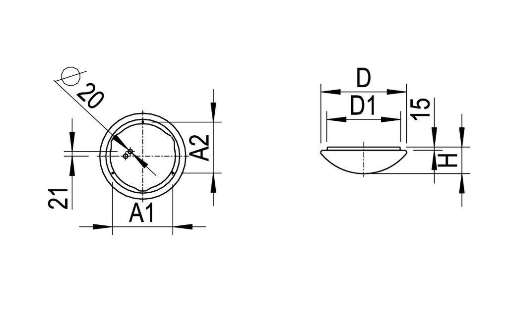 Technische tekening van een onderdeel. Links: bovenaanzicht met diameter 20. Rechts: zijaanzicht met hoogte H, breedte D, D1, en 15.