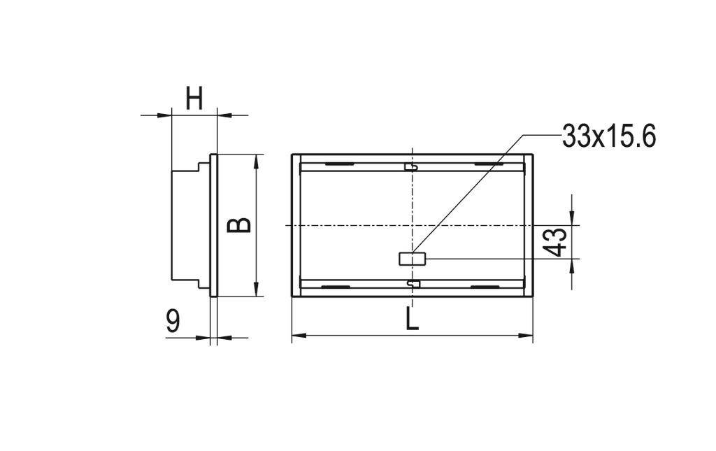 Technische tekening van een rechthoekig onderdeel met de afmetingen: lengte 'L', hoogte 'H', breedte 'B', en maten '33x15,6'.