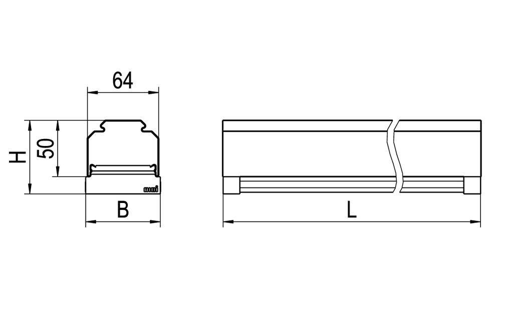Technische tekening van een onderdeel met afmetingen: Hoogte (H), Lengte (L), Breedte (B), en diameter 64 mm. Zij- en vooraanzicht weergegeven.