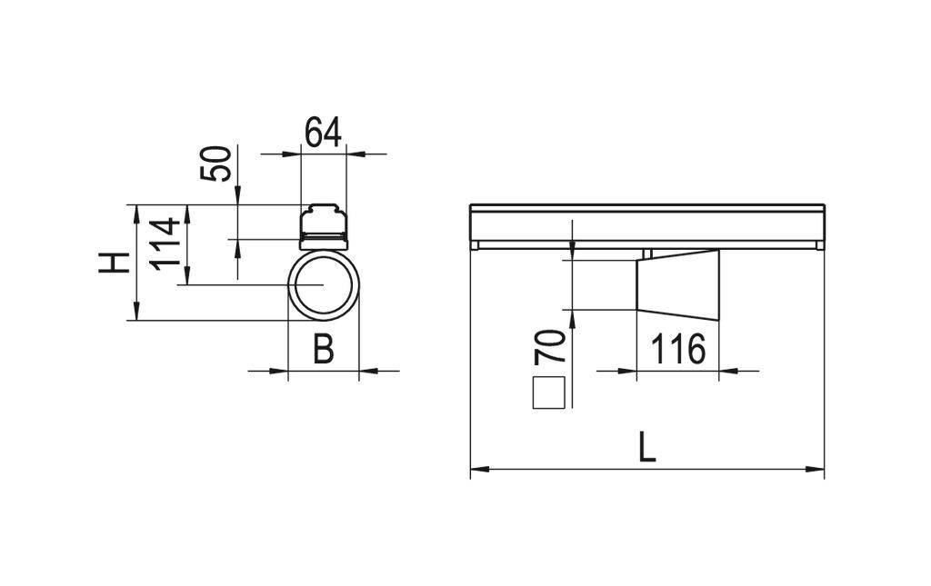 Technische tekening van een buis met afmetingen: Hoogte (H), Breedte (B) 64, Lengte (L) 116, Totale afmeting 114x70.