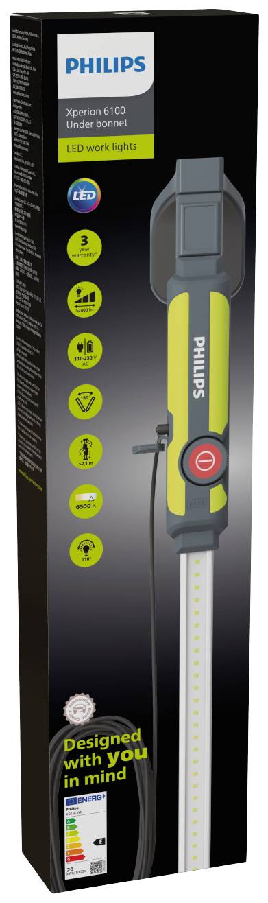 Een Philips Xperion 6100 LED-werkverlichting in een verpakking. Kenmerken: oplaadbaar, sterk licht, haak, magneet, kantelbaar.