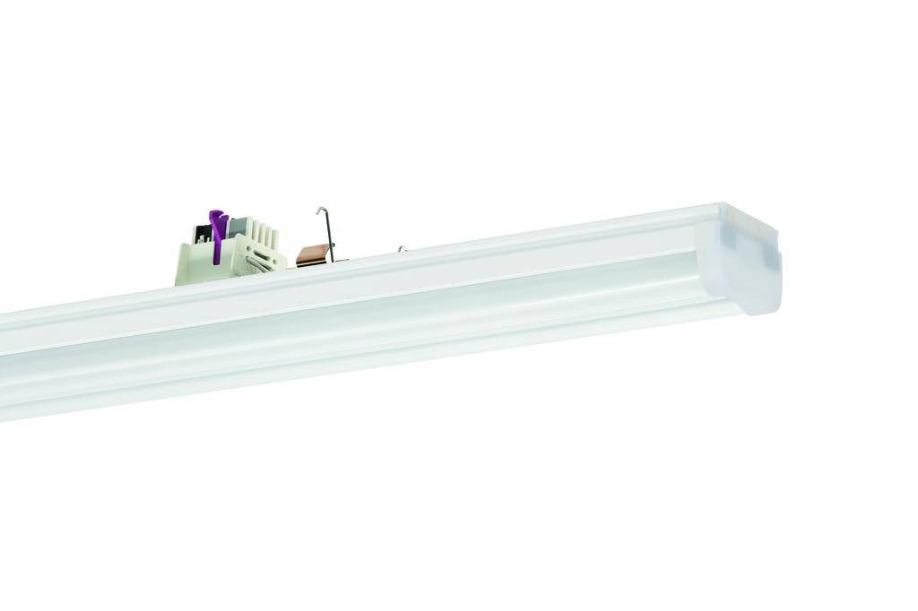 Een LED-lichtpaneel met een smal, rechthoekig behuizing en zichtbare elektronica aan een uiteinde, voornamelijk wit.