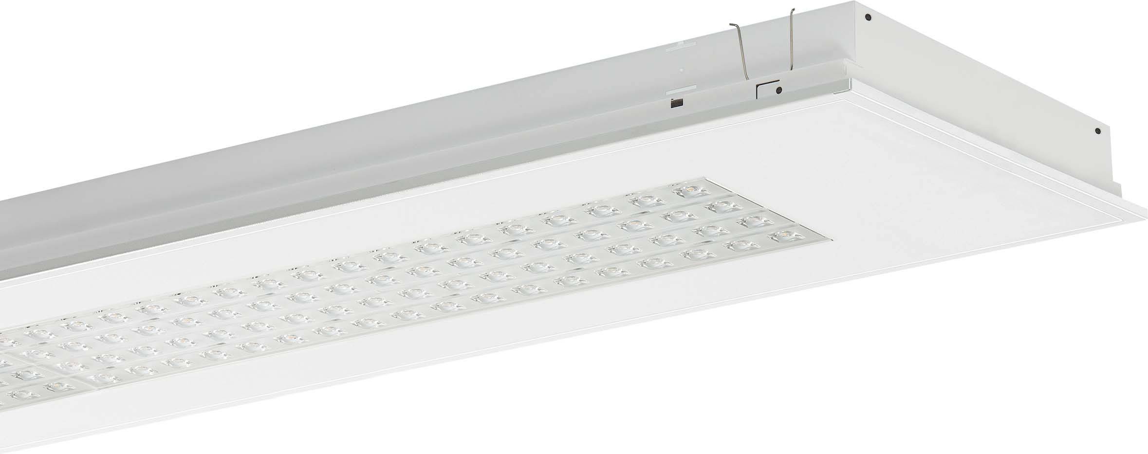 Een rechthoekige, witte LED-plafondlamp met zichtbare LED-punten in een gestructureerde rasterindeling.