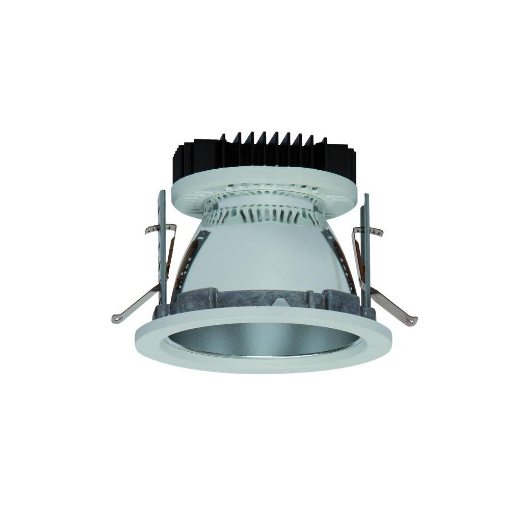 Inbouw-LED-spot met witte rand, koelribben en metalen bevestigingen, geschikt voor plafondmontage.