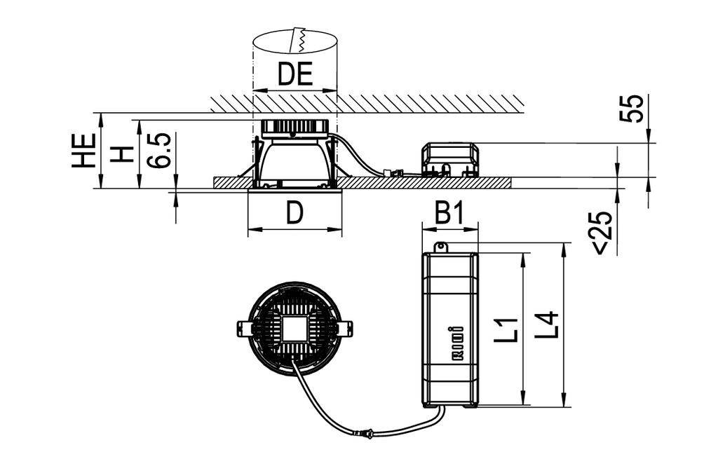 Technische tekening van een inbouw verlichtingssysteem met afmetingen: DE, HE, H, D, B1, L1, L4. Zij- en bovenaanzicht met bekabeling.