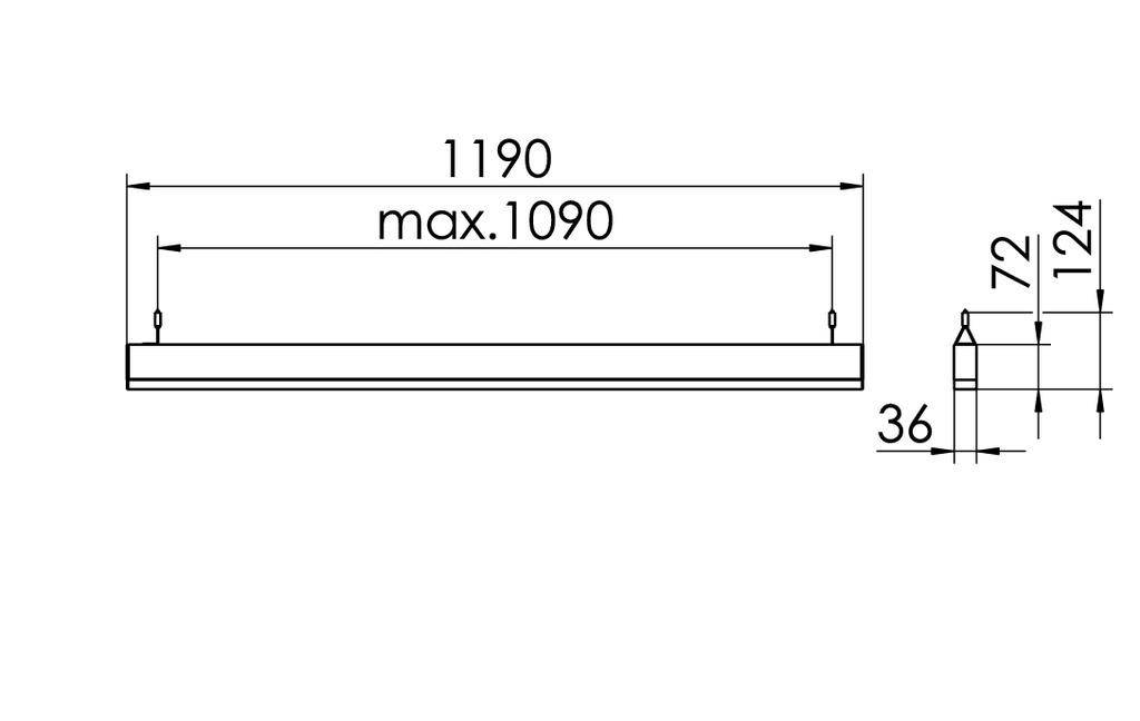 Schets van een rechthoekige hanglamp met afmetingen: lengte 1190 mm, maximaal 1090 mm; hoogte 72 mm, breedte 36 mm, totale hoogte 124 mm.