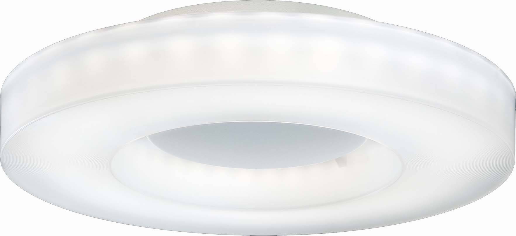 Witte, ronde plafondlamp met een modern, strak design. Hij zorgt voor een gelijkmatige lichtverspreiding en is perfect geschikt voor woonruimtes.