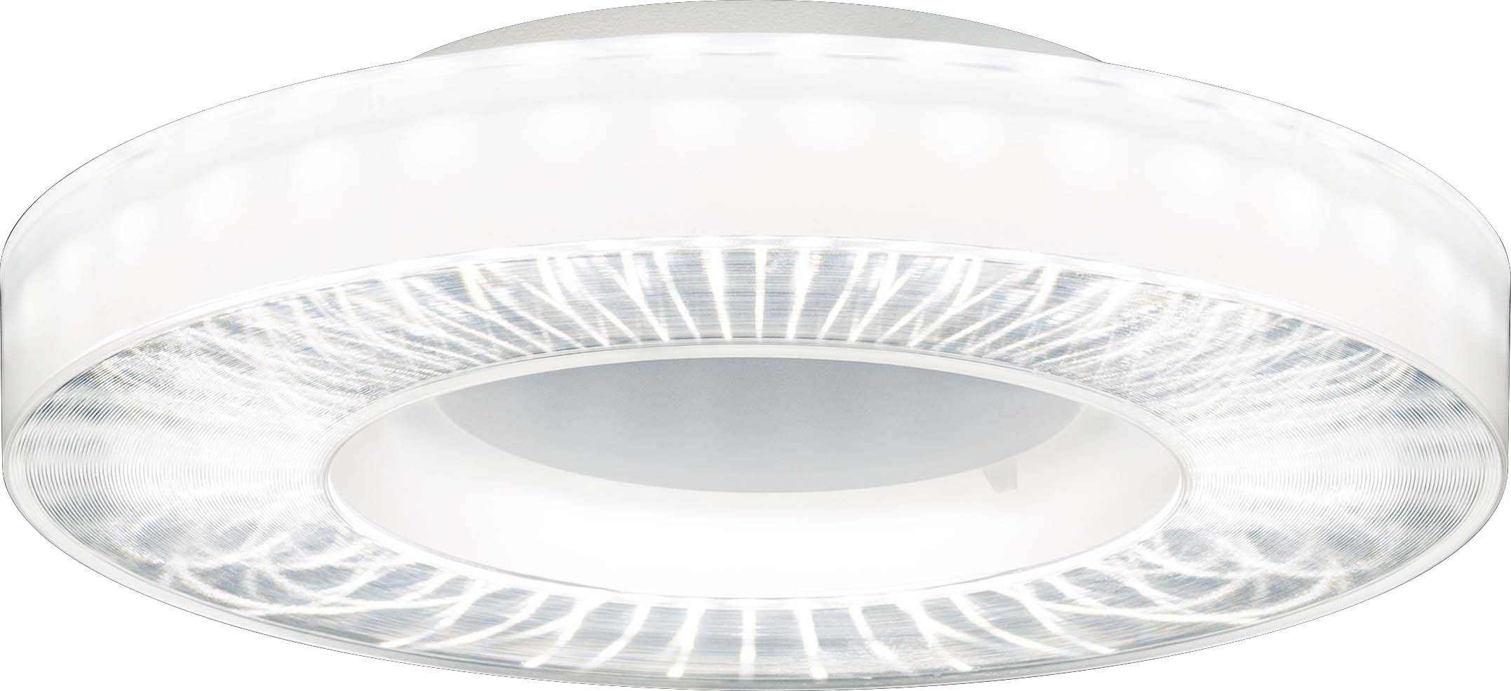 Een ronde, platte LED-plafondlamp met een transparante rand en gelijkmatige lichtverspreiding.
