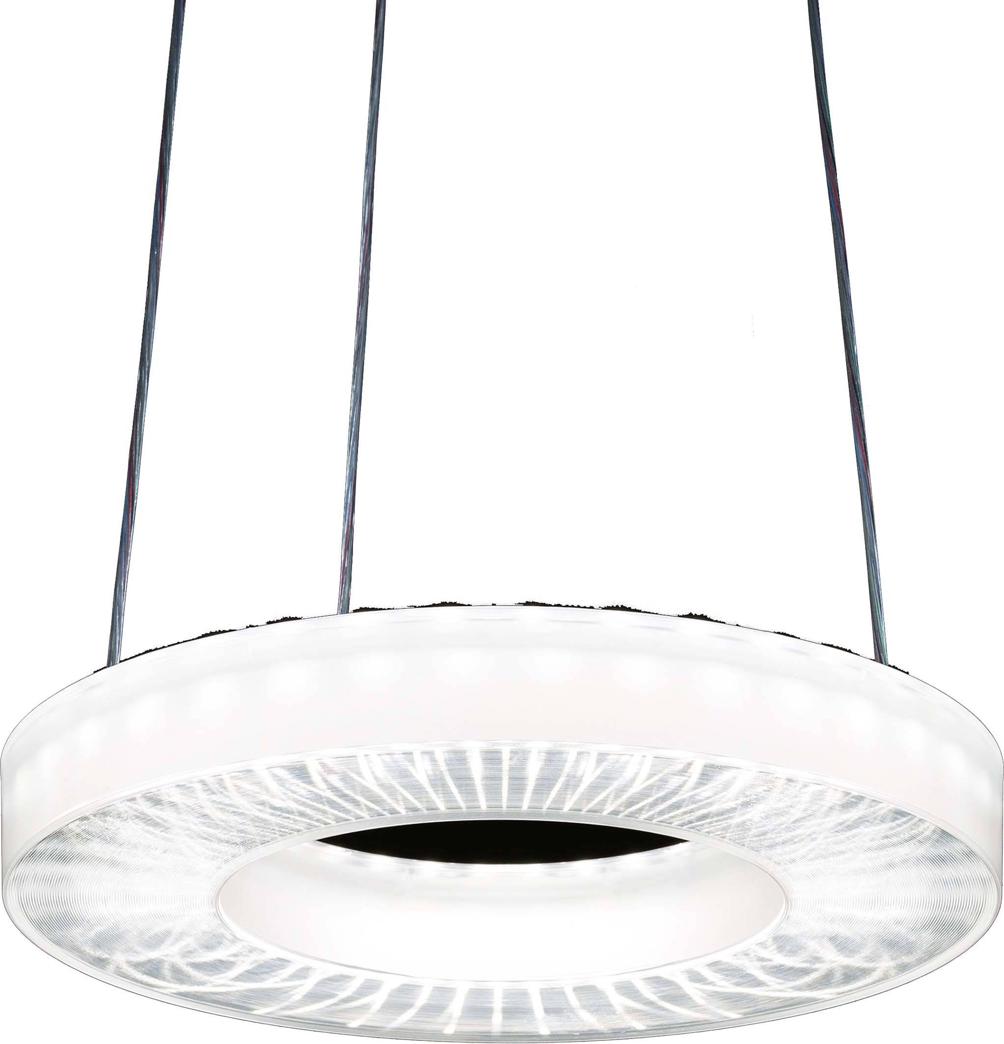 Een moderne, ronde hanglamp met een transparante rand, opgehangen aan dunne draden.