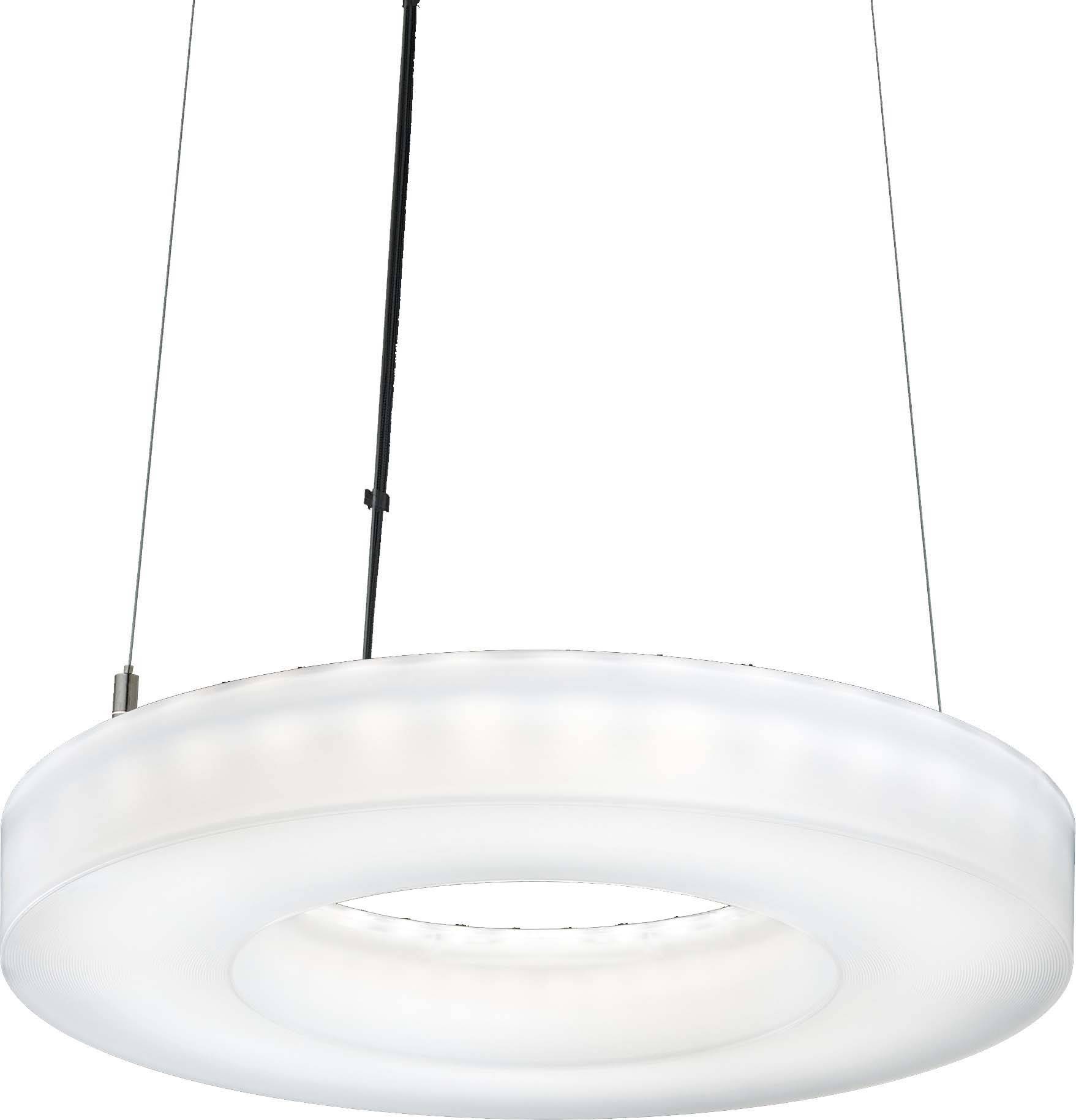 Een ronde, moderne, witte plafondlamp die hangt aan twee dunne kabels. Hij verspreidt een zacht en gelijkmatig licht in de ruimte.