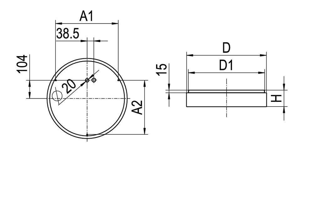 Technische tekening van een cilindrisch object met afmetingen: diameter 38,5 mm, hoogte 15 mm, boorgat 20 mm. Zij- en bovenaanzicht.