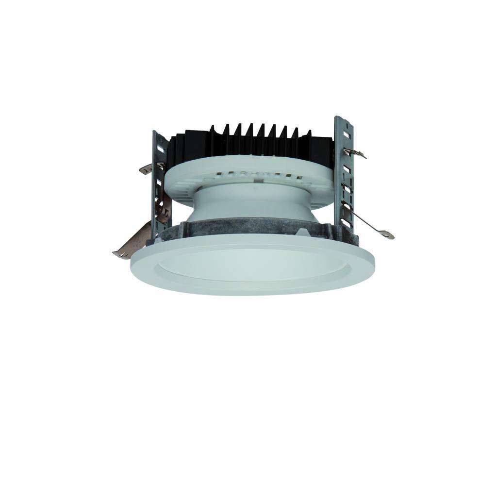 Inbouw-LED-downlight met witte rand en zwarte warmteafvoer, geschikt voor plafondmontage in binnenruimtes.