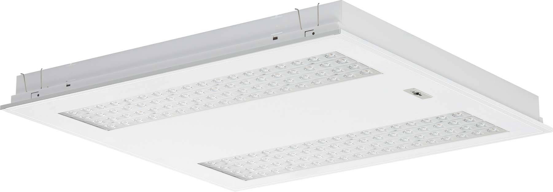 LED-paneel voor plafondmontage, rechthoekig, met witte omlijsting en zichtbare lichtpunten. Geschikt voor kantoorverlichting.