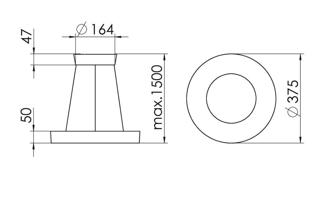 Technische tekening van een cilindrisch onderdeel met afmetingen: hoogte 1500 mm, diameter boven 164 mm, onder 375 mm, basis 50 mm.
