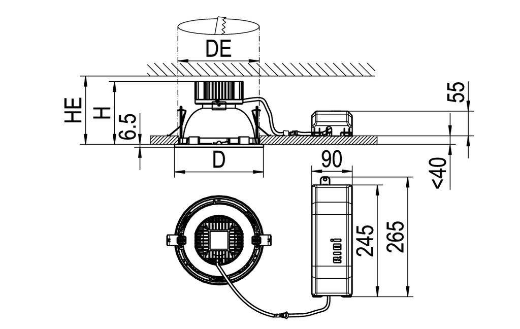 Technische tekening: Plafondlamp met afmetingen. Bovenaanzicht toont diameter, zijaanzicht toont hoogte. Elektrische aansluiting rechts.
