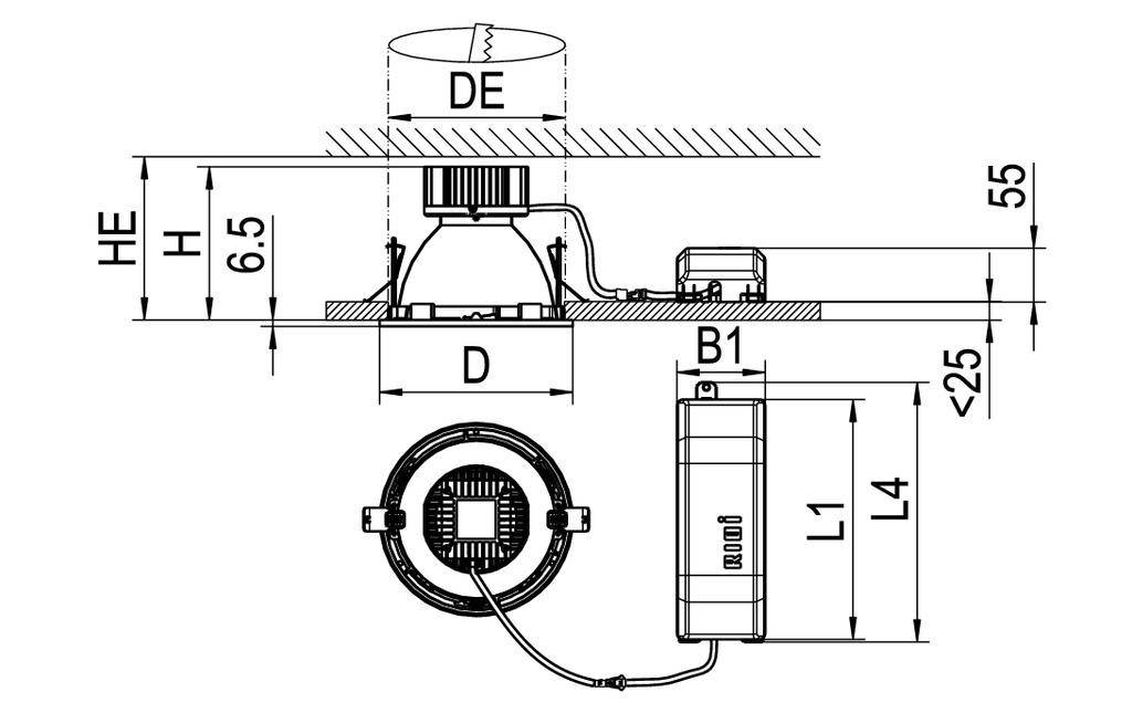 Doorsnede toont technische details van een plafondstraler met afmetingen van DE, HE, H, D, B1, L1 en L4. Kabelverbinding zichtbaar.