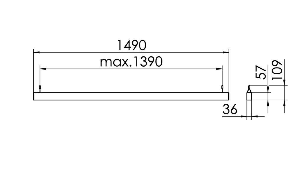 Diagram van een rechthoekige armatuur met afmetingen: lengte 1490 mm, maximale lengte 1390 mm, hoogte 36 mm. Zijaanzicht toont hoogte 57 mm.