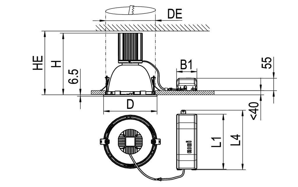 Technische tekening van een inbouwspot met maten: totale hoogte, inbouwhoogte, inbouwdiepte, diameter, B1-breedte, lengtes. Stroomvoorziening aangesloten.