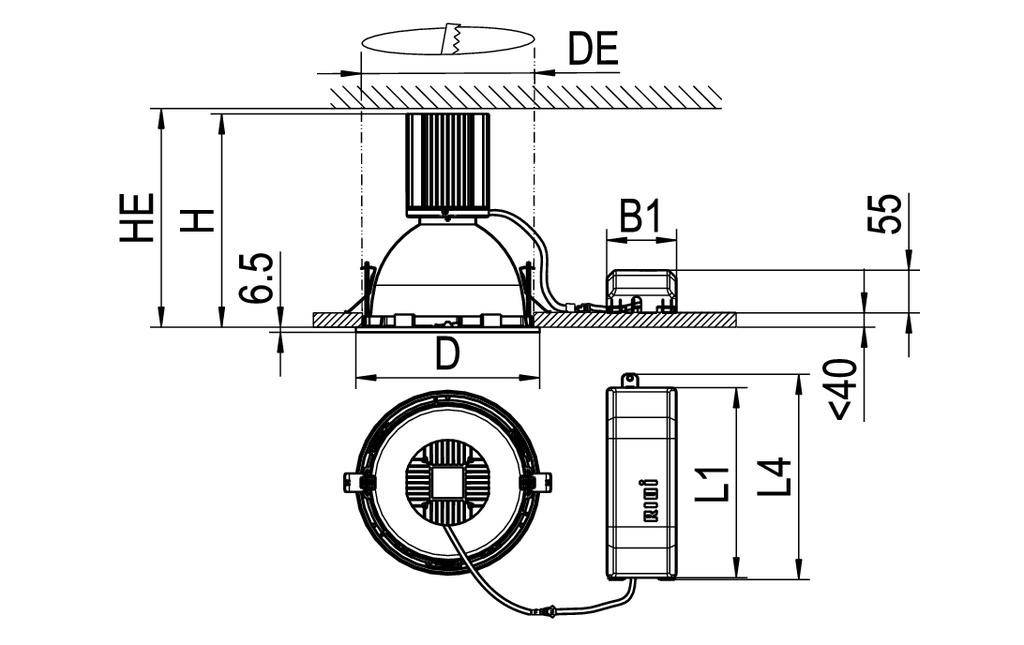 Een bouwtekening toont de zij- en bovenaanzicht van een plafondlamp met de inbouwmaten: hoogte (HE), diameter (D, DE) en afstand (B1).