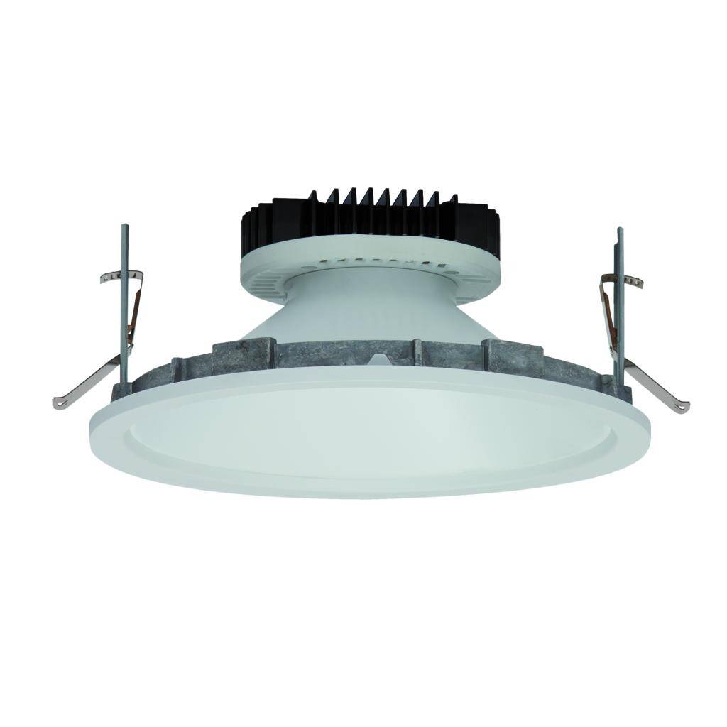 Inbouw-LED-downlight met ronde rand en koelribben aan de bovenzijde, geschikt voor plafondmontage in binnenruimtes.