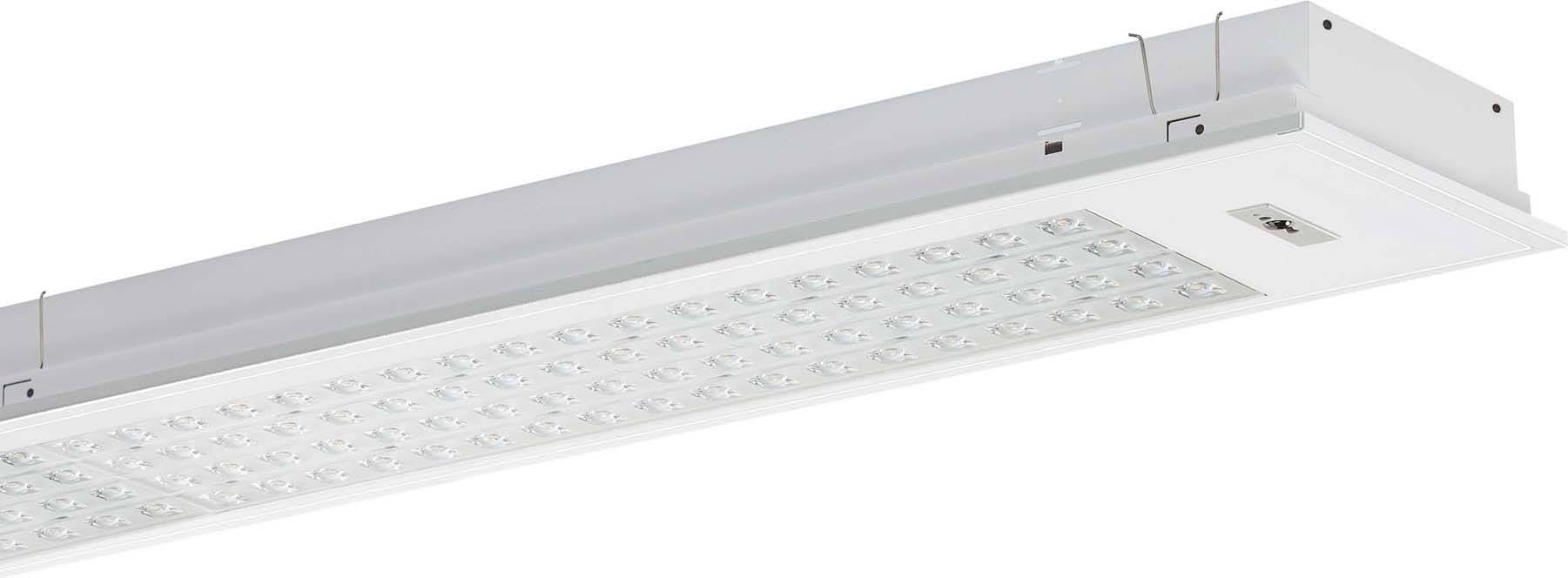 Een rechthoekig LED-plafondlicht met meerdere kleine lampen in een witte behuizing, geschikt voor kantoren of werkplaatsen.