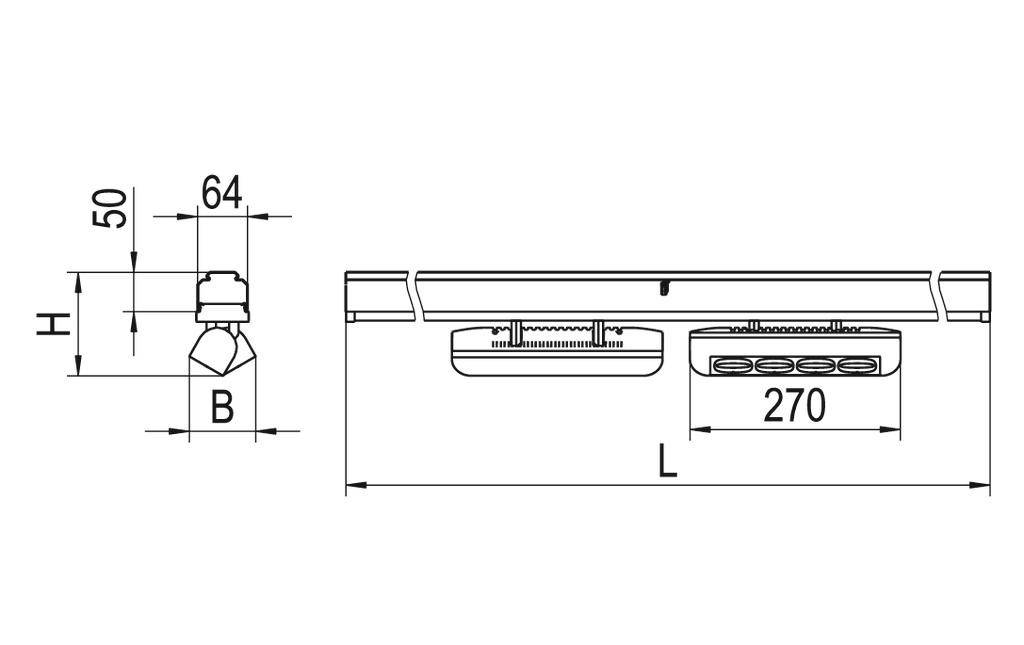 Technische tekening van een lamp met afmetingen: hoogte 50 mm, breedte 64 mm, lengte 270 mm. Toont zijaanzicht en doorsnede.