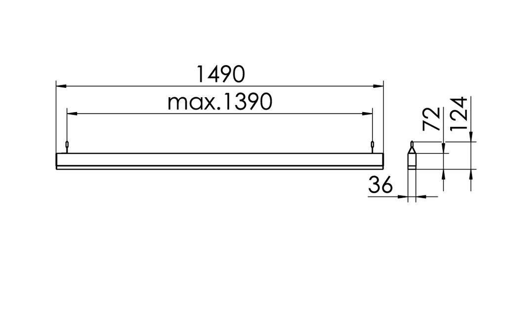 Technische tekening van een rechthoekige armatuur. Afmetingen: lengte 1490 mm, max. 1390 mm; hoogte 72 mm, afgehangen 124 mm; breedte 36 mm.