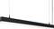 Zwarte lineaire hanglamp met twee kabels aan het plafond, geschikt voor moderne interieurs.