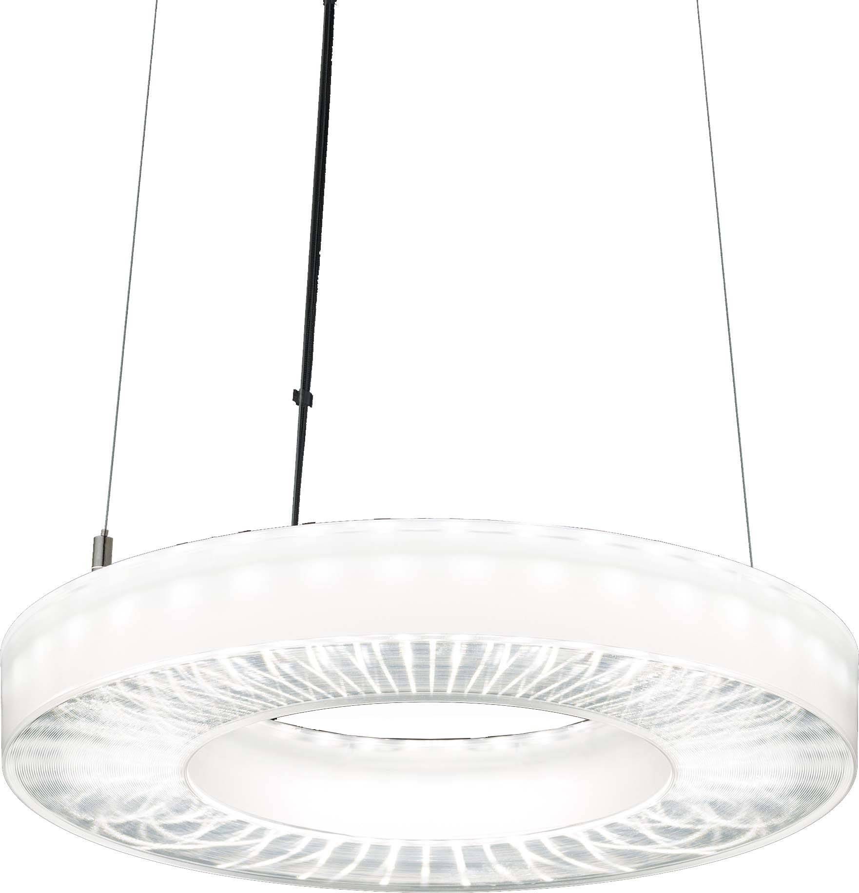 Ronde, moderne hanglamp met transparante details, opgehangen aan dunne draden, straalt helder wit LED-licht uit.