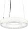 Ronde, moderne hanglamp met transparante details, opgehangen aan dunne draden, straalt helder wit LED-licht uit.