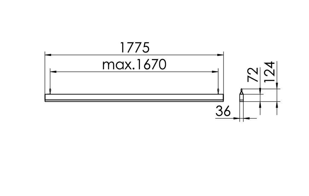Technische tekening van een rechthoekig object met de afmetingen: lengte 1775 mm (maximaal 1670 mm), hoogte 72 mm, breedte 36 mm.