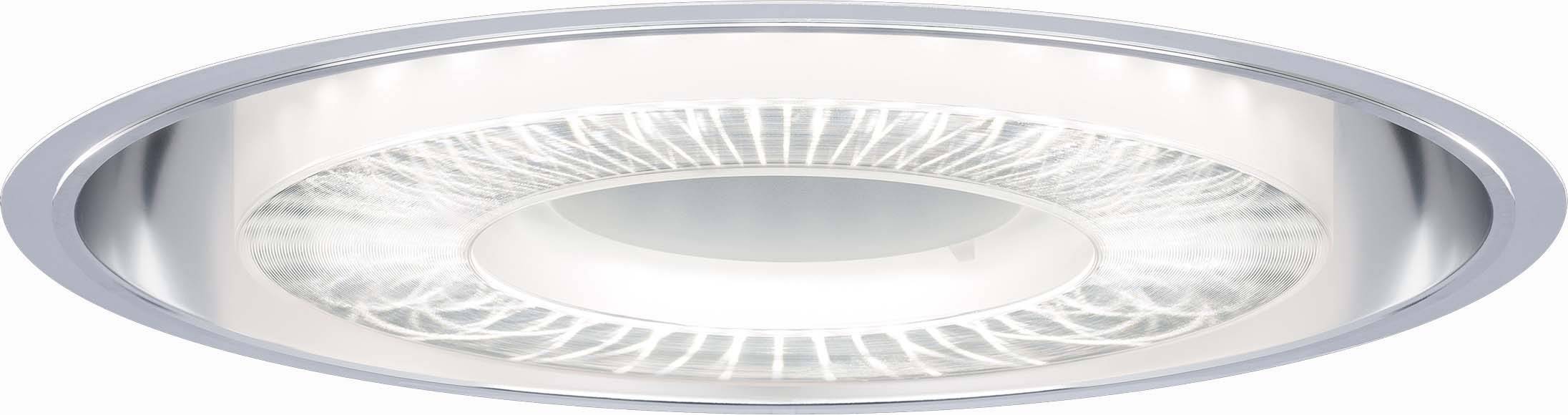 Ronde plafondlamp met zilveren rand en een helder, kunstzinnig lichtpatroon in het midden, geschikt voor moderne interieurs.