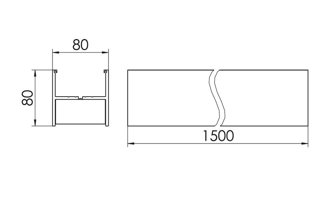 Technische tekening van een profiel: Een doorsnede met afmetingen 80x80 en een zijaanzicht met een lengte van 1500.