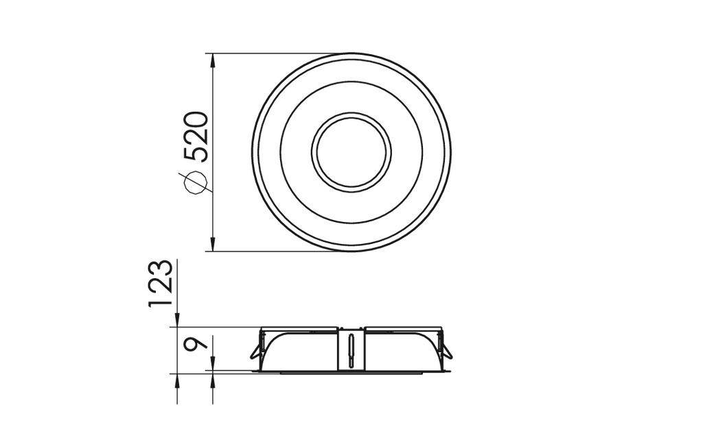 'Tekening van een rond object met een buitendiameter van 520 mm en een hoogte van 123 mm. Zijaanzicht toont een basis van 9 mm.'