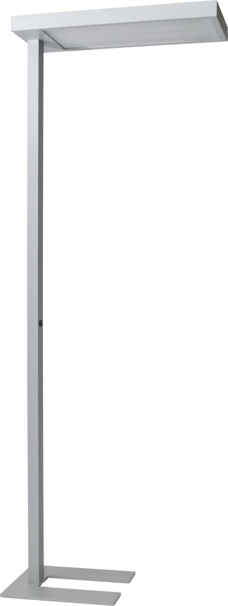 Staande lamp met modern, strak design in zilver. Rechthoekige lampenkap bovenaan, stevig vierkant onderstel.