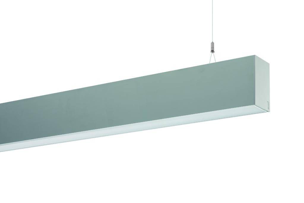 Langwerpige plafondlamp in zilver, aan een kabel bevestigd, tegen een witte achtergrond. Geschikt voor moderne interieurinrichting.