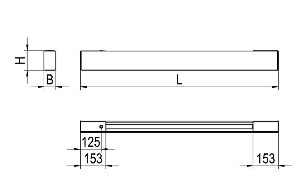 Technische tekening van een rechthoekig profiel met de afmetingen H, B en L. Zijaanzicht toont gedetailleerde afstanden: 125 mm, 153 mm.