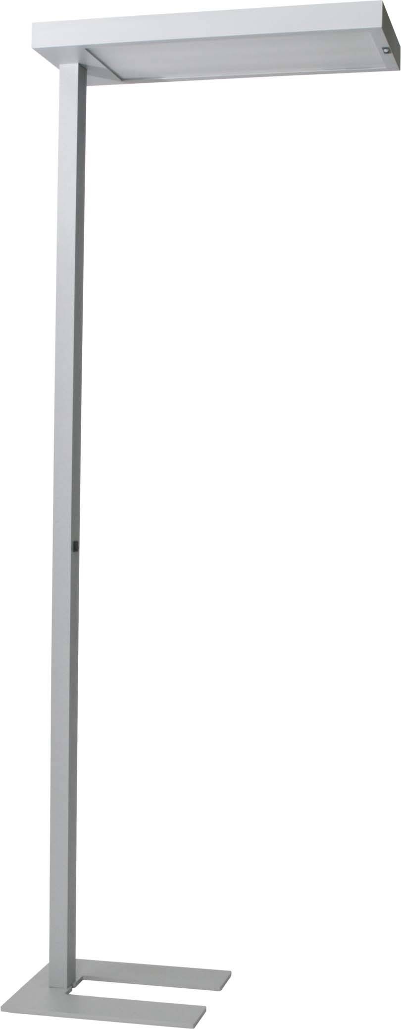 Metalen vloerlamp met vierkante voet en kop, slanke vormgeving, geschikt voor moderne interieurs.