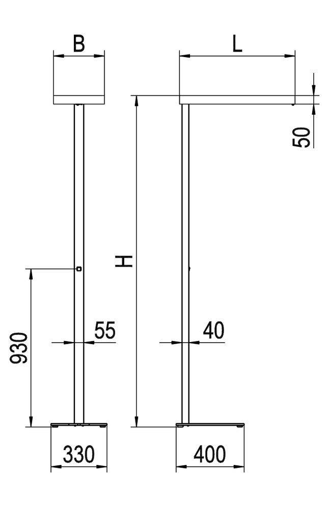 Maatschets van een staande lamp met een voetbreedte van 330 mm, hoogte van 930 mm en een uitsteekmaat van 400 mm.