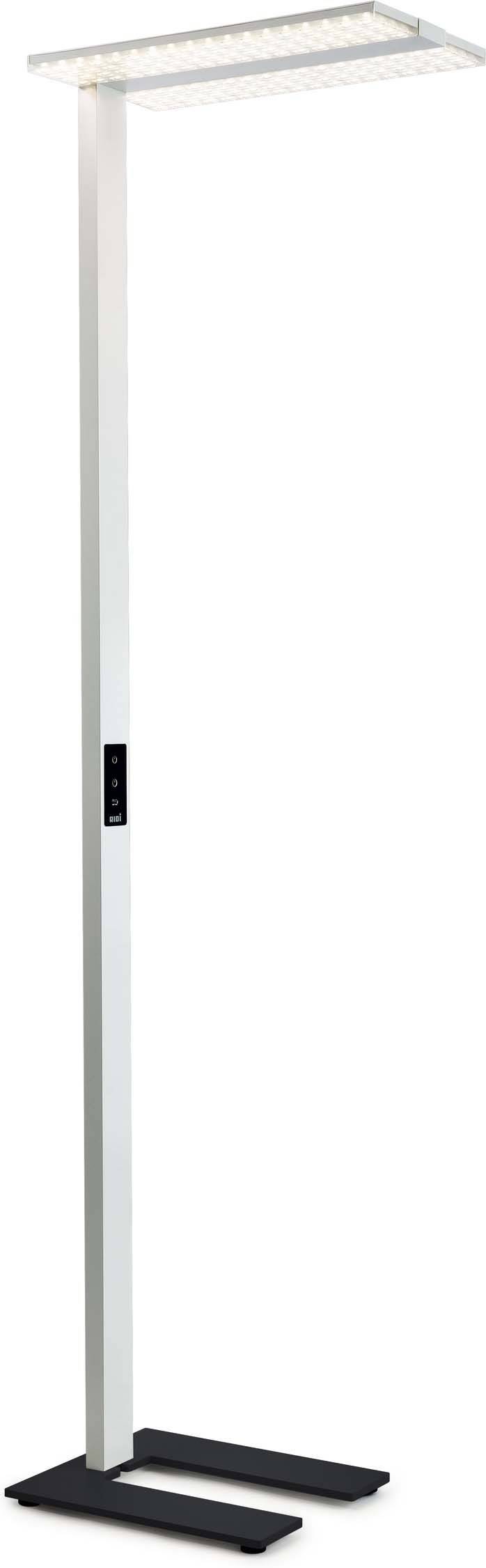Een slanke, moderne staande lamp met een rechthoekige lampenkap, geplaatst op een tweevoetige voet, ideaal voor kantoorverlichting.