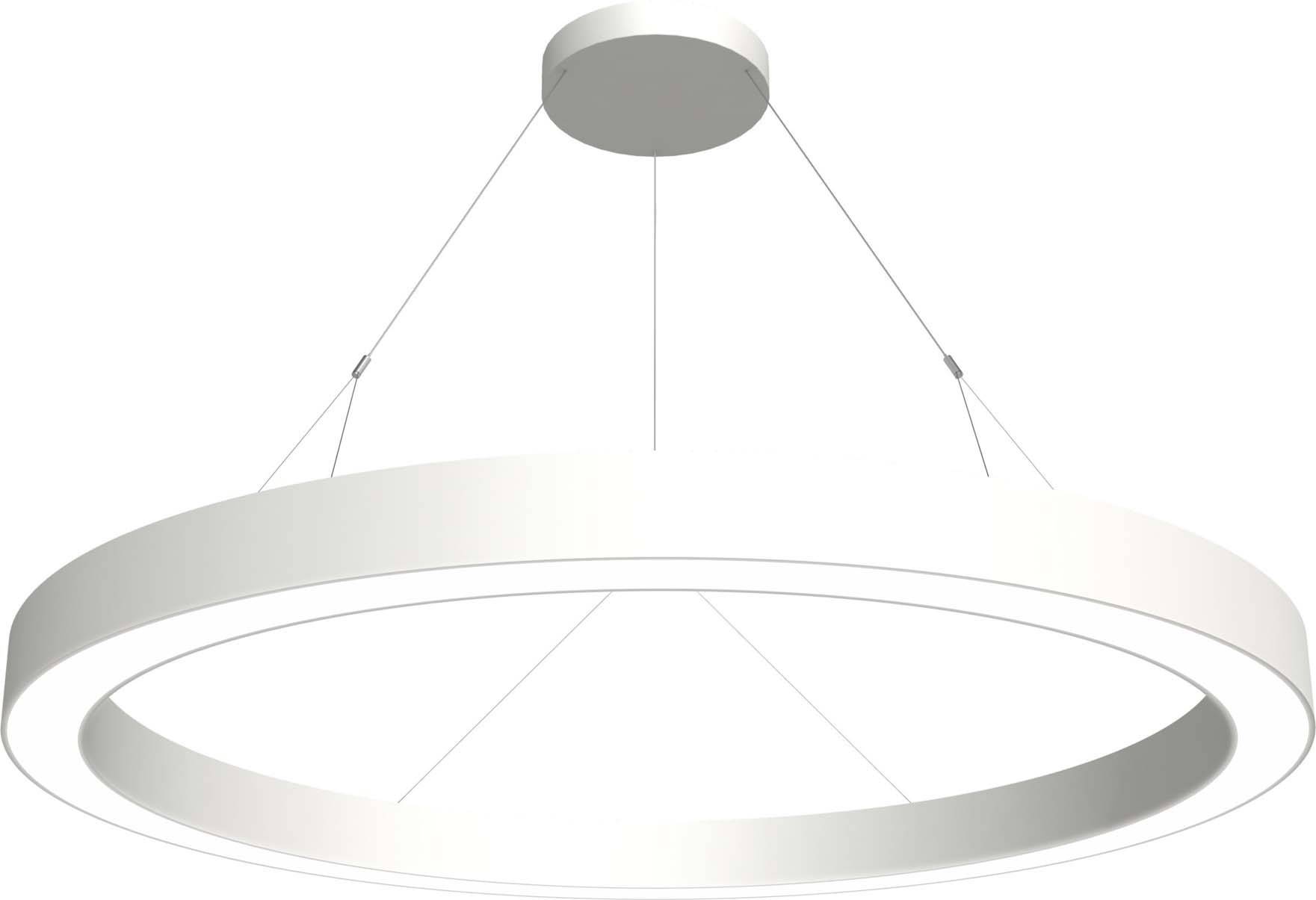 Ronde, witte kroonluchter met modern design, opgehangen aan dunne kabels, ideaal voor stijlvolle binnenhuisinrichting.
