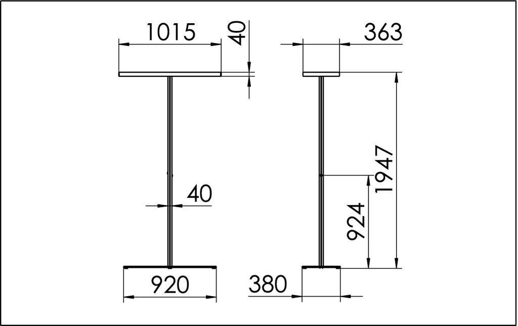 Technische tekening van een stalen ligger met twee aanzichten. Afmetingen: 1015 mm x 40 mm, 920 mm x 40 mm, hoogte 363 mm, totale lengte 1947 mm.
