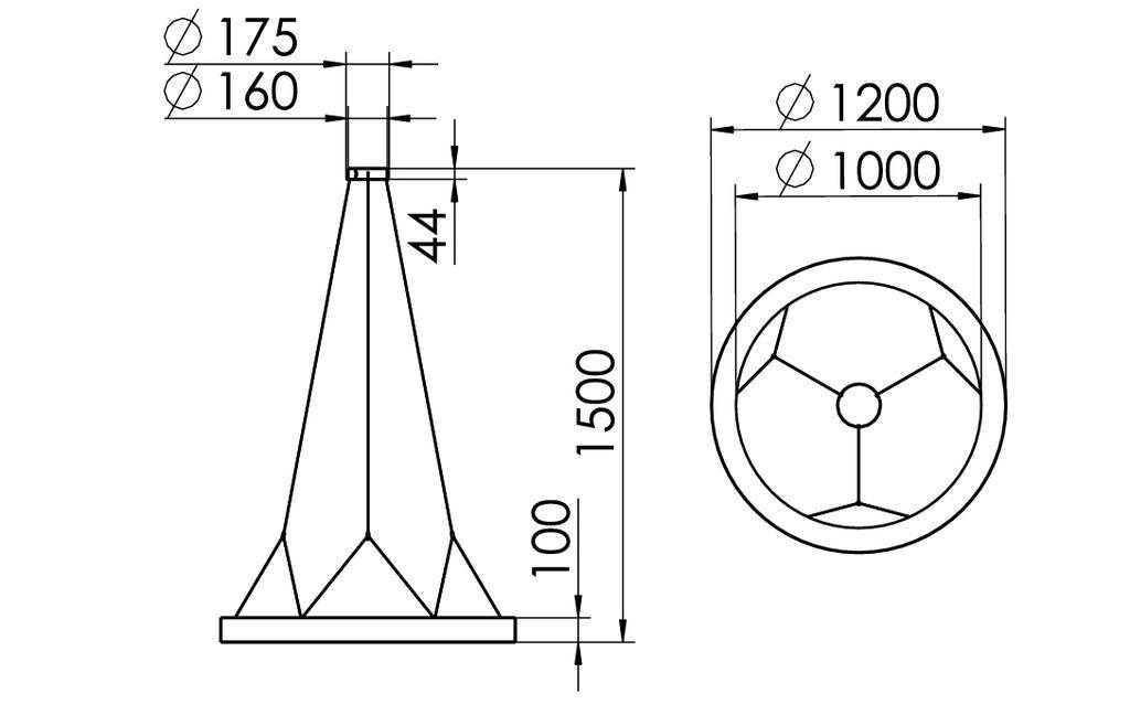 Technische tekening van een conische toren met afmetingen: hoogte 1500 mm, diameter boven 175 mm, beneden 1200 mm en 1000 mm.