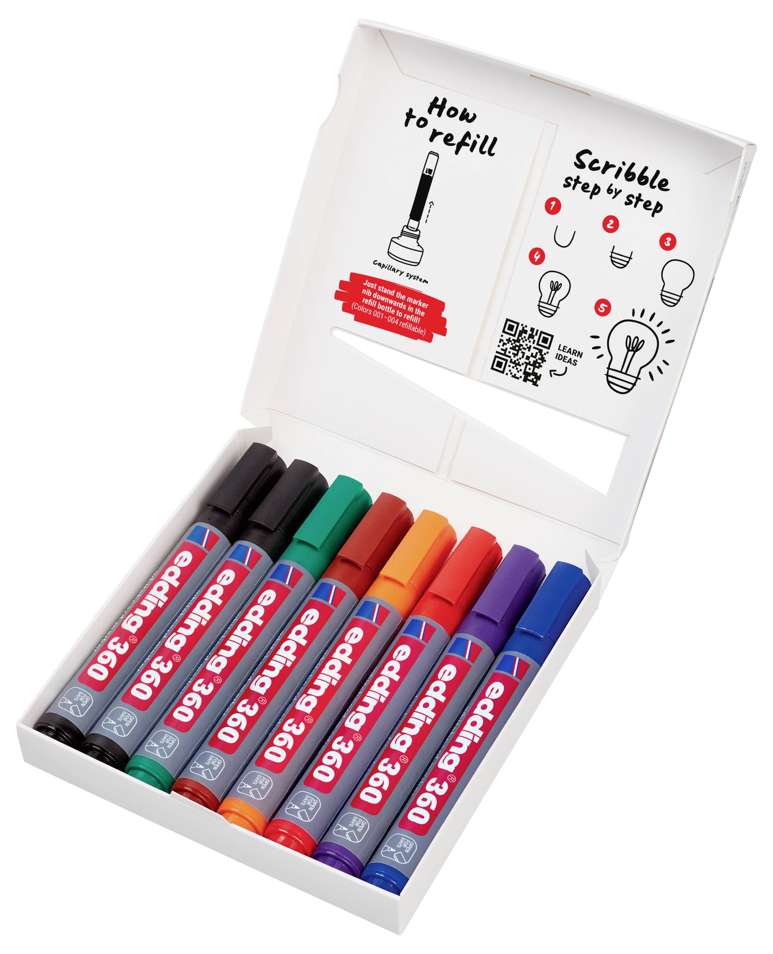 Geopende doos met kleurrijke Scribble 360 navulstiften met navulinstructies in het deksel.