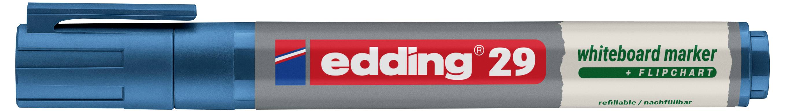 Blauwe Edding 29 whiteboard-marker met dop, gelabeld met 'edding 29' en 'whiteboard marker' op de schrijfstift.